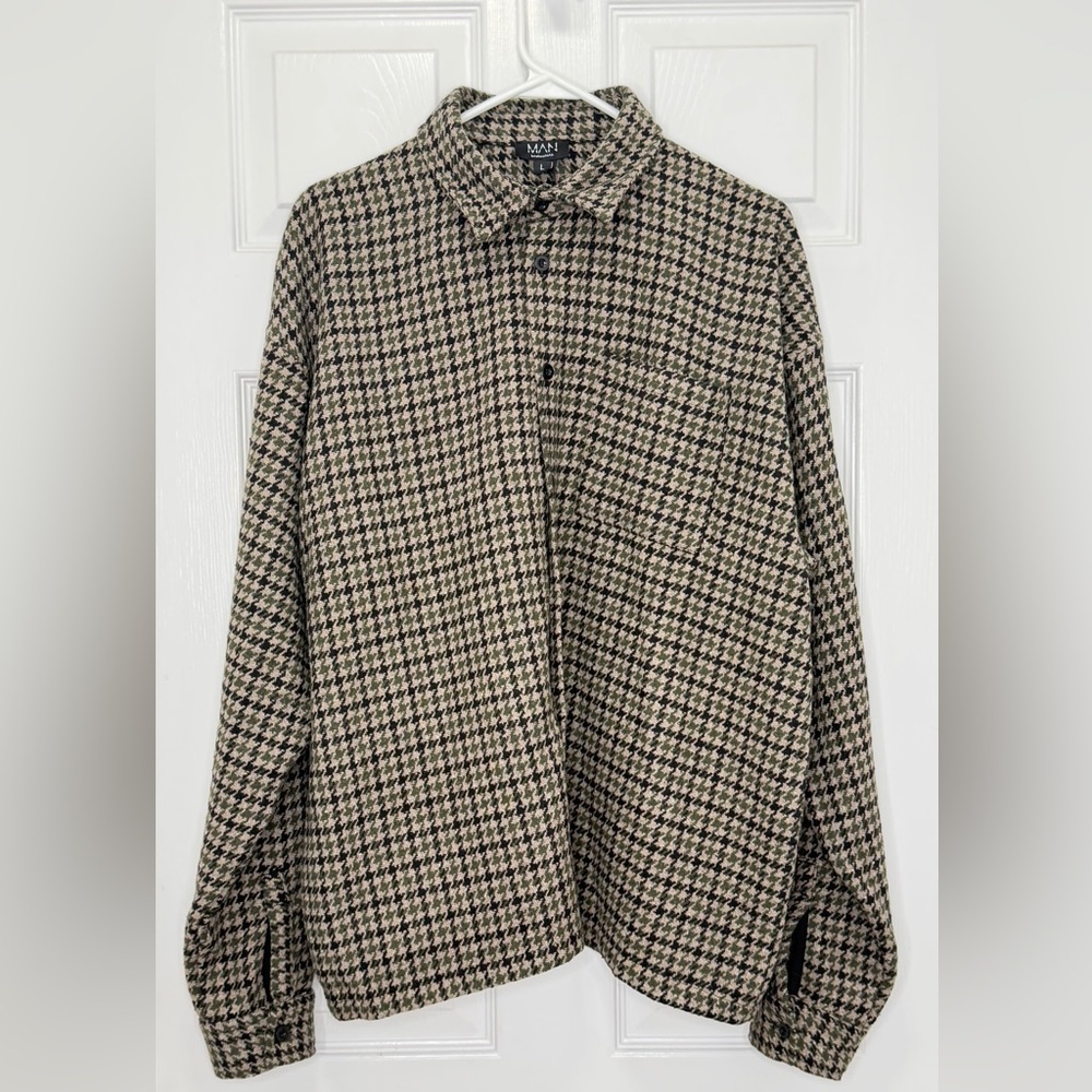 Boohooman - Oversized Boxy Long Sleeve Jacquard Shirt- BROWN-L